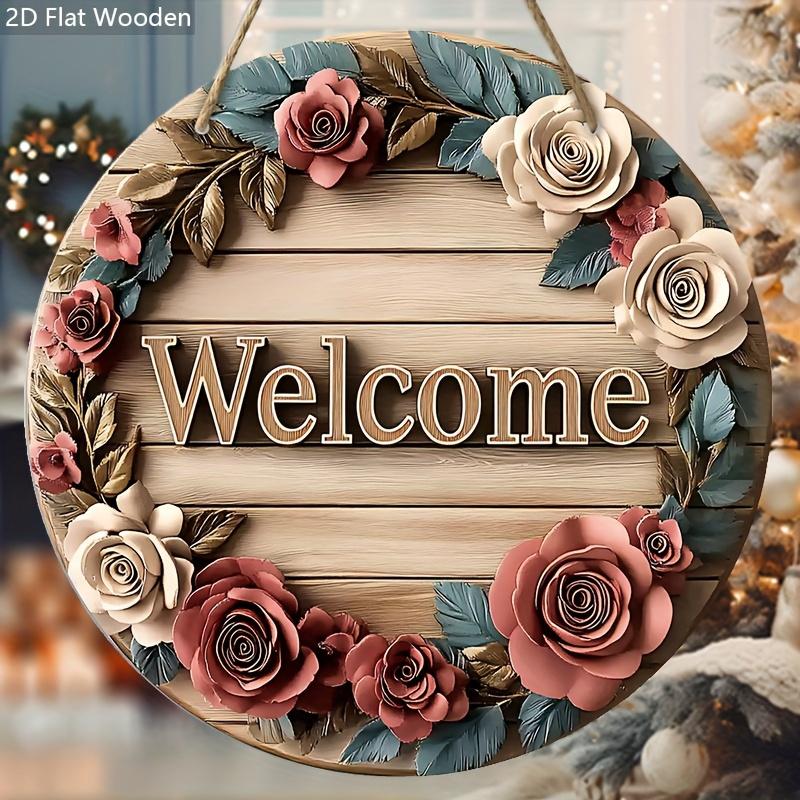 2D Flat Art Wreath Wooden Sign 1pc Welcome Wreath Round Sign, Suitable for Doorway Wall Closet Hanging Decoration Ideal Home Dec
