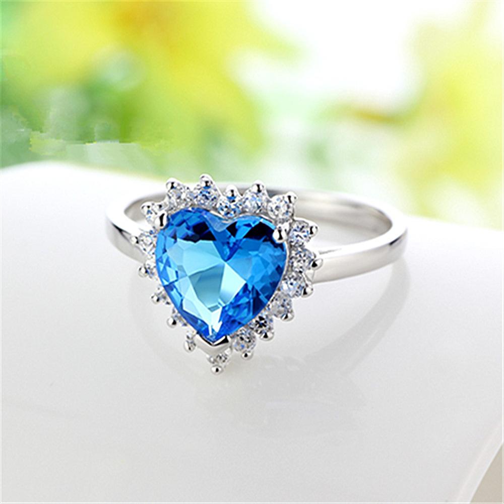 Foreign Trade Ring Ocean Heart -Shaped Micro -Setting Ring Titanic Open Adjustable Heart -Shaped Blue Crystal Ring