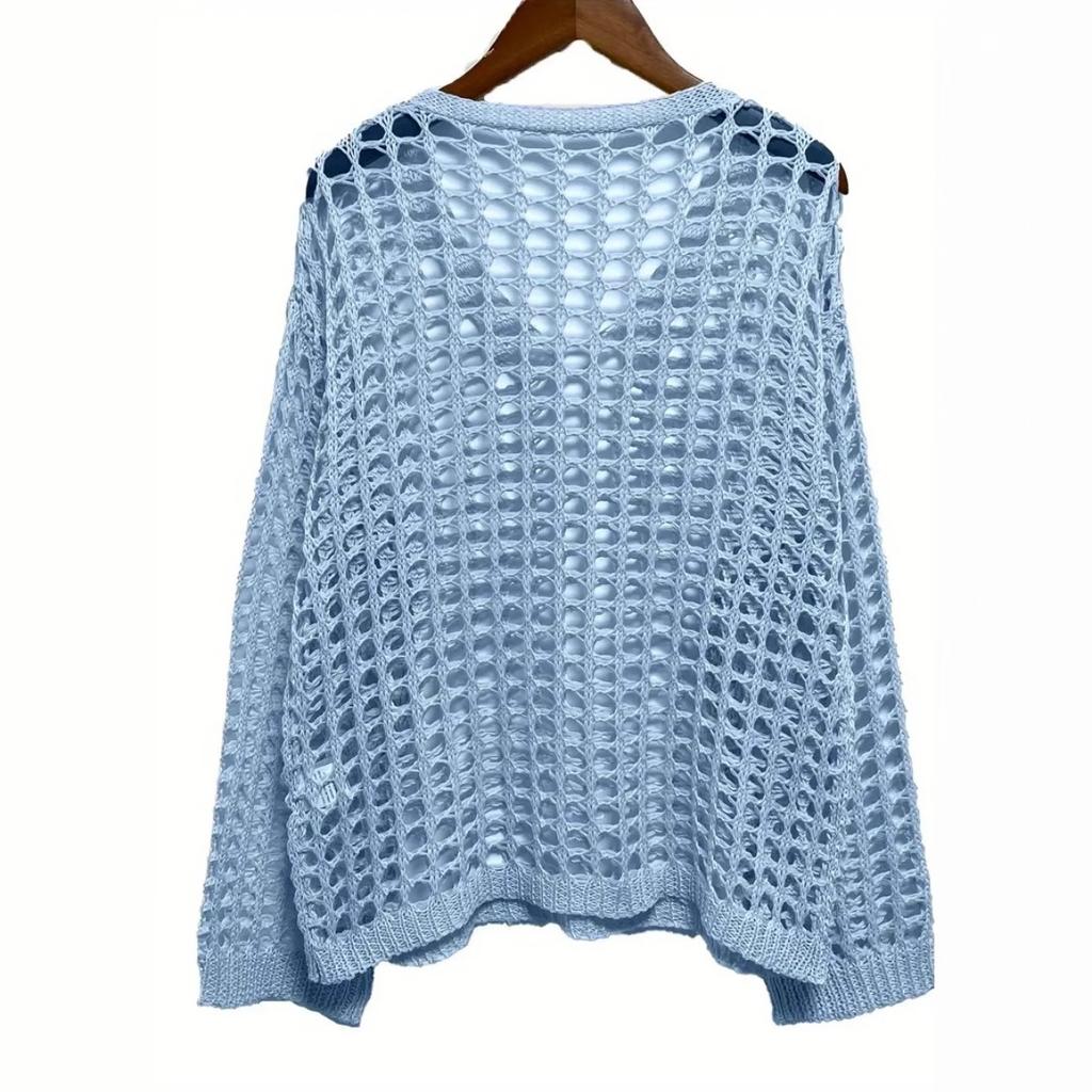 Loose Casual Versatile Cut-out Long Sleeve Women's Oversized Knitted Sweater Sun Shirt