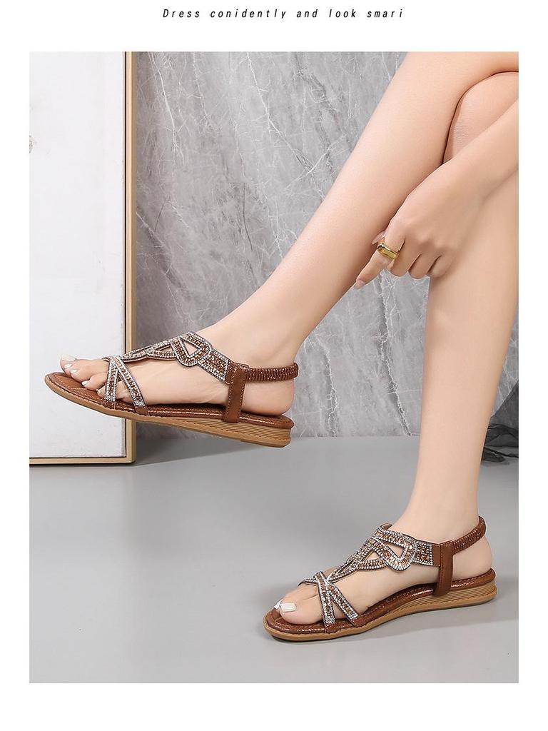 IELTS Run Plus Size Rhinestone Bohemian Sandals - Women's Summer Flat Hollow-Out Shoes