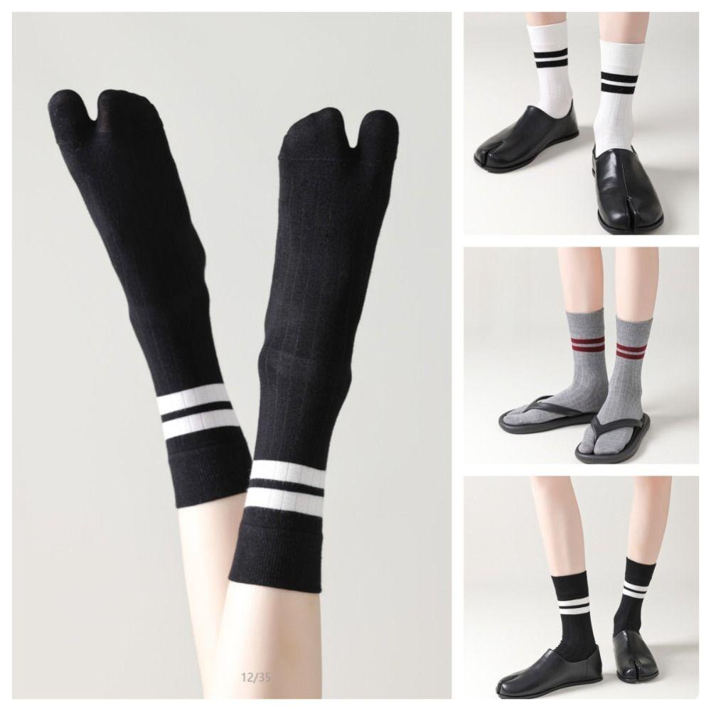 2Pairs Stripe Toe Mid Calf Socks Breathable Toe Separator Socks Fashion Two Toe Tube Socks  Daily