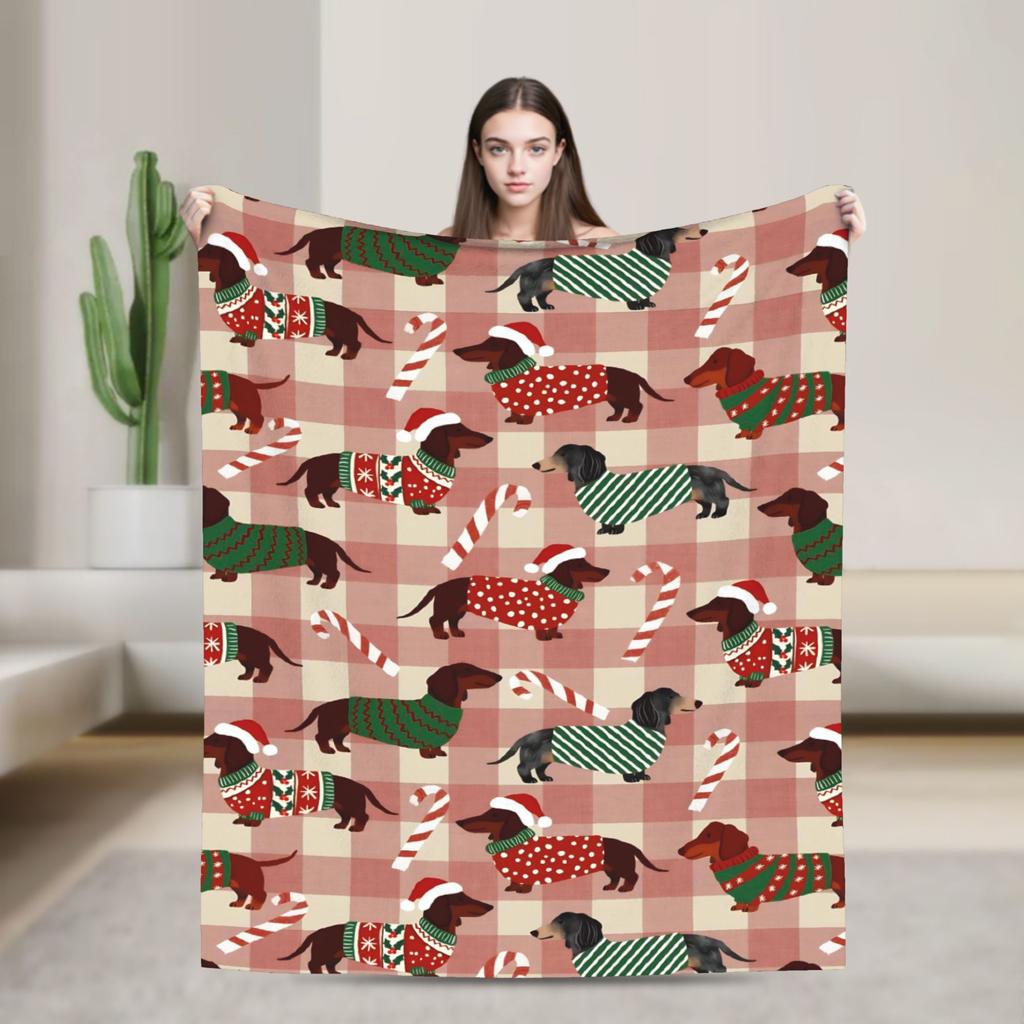 Dachshund Christmas Blanket Dogs Animal  Wool Throw Blanket Home Couch Printed Soft Warm Bedsprea