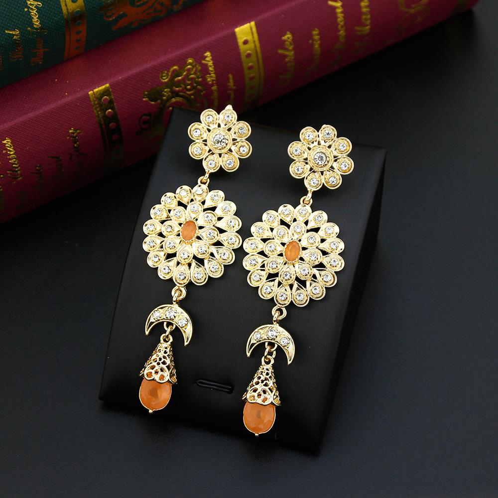 

Шикарные серьги невесты золотого цвета для женщин, длинные серьги-капли с цветком, полностью хрустальные свадебные украшения оранжевый