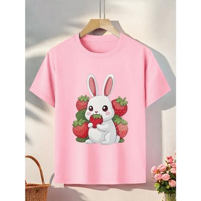 European Sizes Cute Rabbit Strawberry Pattern Short Sleeve T-Shirt Summer Loose Fit - Skin-Friendly Soft Fabric - Casual Trendy Fashion