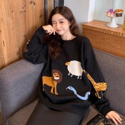 Retro Jacquard Sweater Women Round Neck Cartoon Animal Long Sleeve Loose Pullover Knitted Sweater Female 2022 Spring