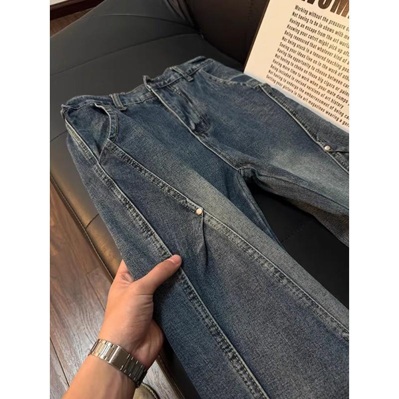 Mens American Deconstructed Rivet Work Jeans Slim Straight Fit Casual Denim Pants