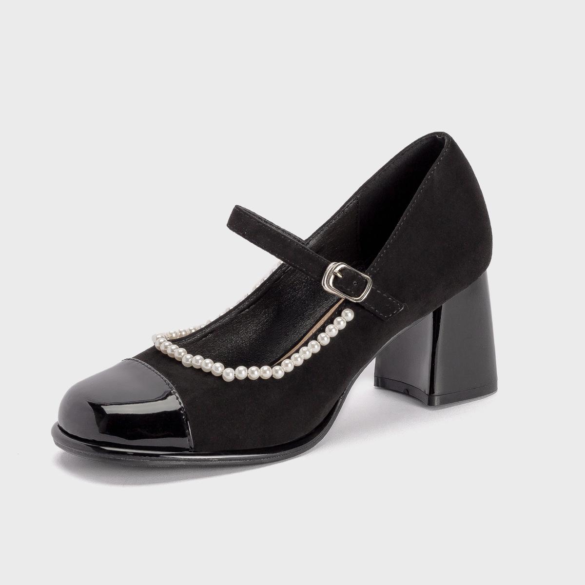 

Туфли Мэри Джейн на высоком толстом каблуке с круглым носком, в сказочном стиле, детские, весна 2025, новые, универсальные, с жемчужной пряжкой на ремешке 34 чёрный