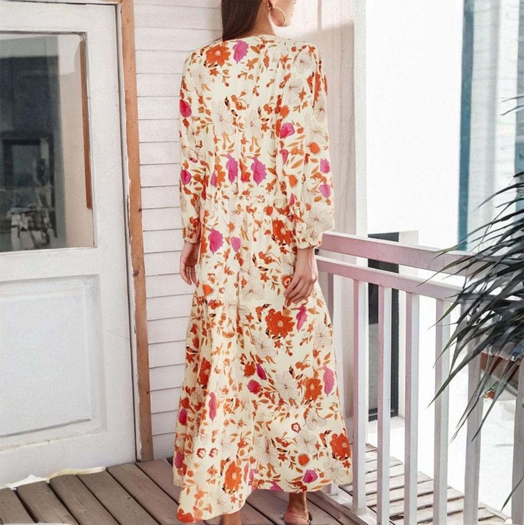 Women Floral Print Bohemian Long Dress Loose V-Neck Fashion Summer Beach Dress