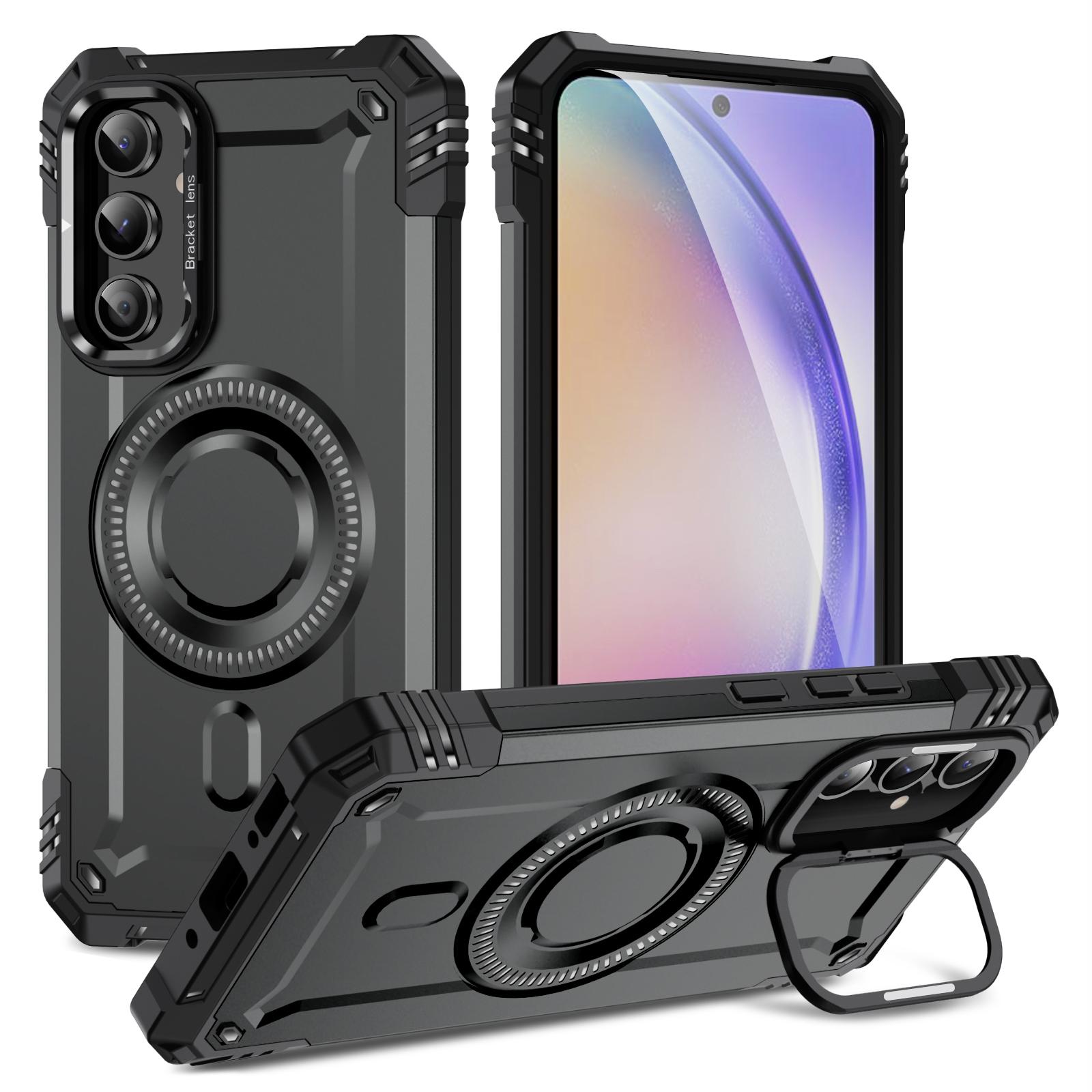 

For Samsung Galaxy A54 5G Magnetic Case Metal Lens Frame Kickstand PC+TPU Mobile Cover D