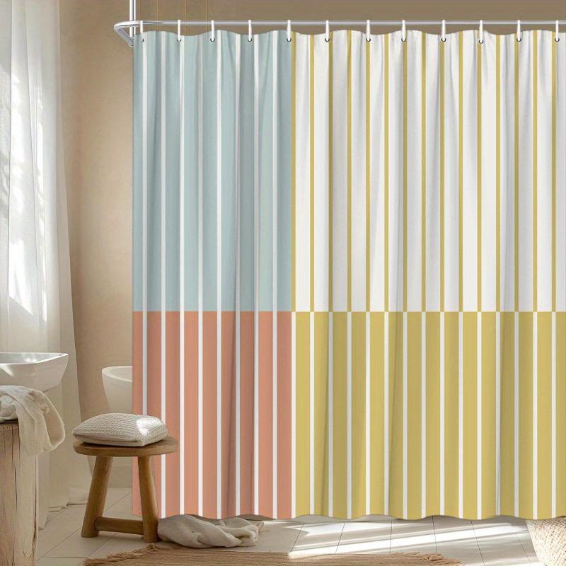 1pc Minimalist Vertical Stripe Shower Curtain - Modern Aesthetic with Blue, Yellow, and Brown Rectangles, 70.8x70.8 Inches