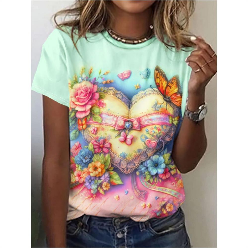 T-Shirt mit Schmetterlingsmuster für Damen, Blumen- und Insektenmotiv, 3D-Druck, lockere Oberteile für den Sommer, kurze Ärmel, Persönlichkeit, O-Ausschnitt
