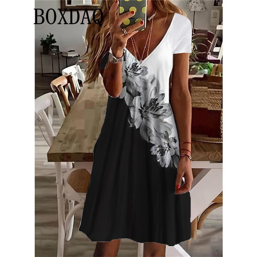 Women's Sundress Midi Dress Short Sleeve Floral Print Summer Casual V Neck Loose Dresses Plus Size 2024 Female Clothing Vestidos