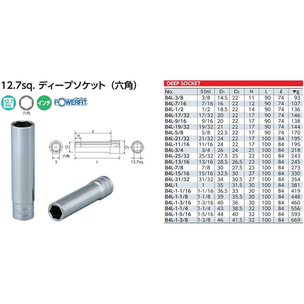 Kyoto Machine Tool Deep Socket Co., Ltd. (KTC) 12.7mm (1/2 inch) (Hexagonal) B4L-1-3/16