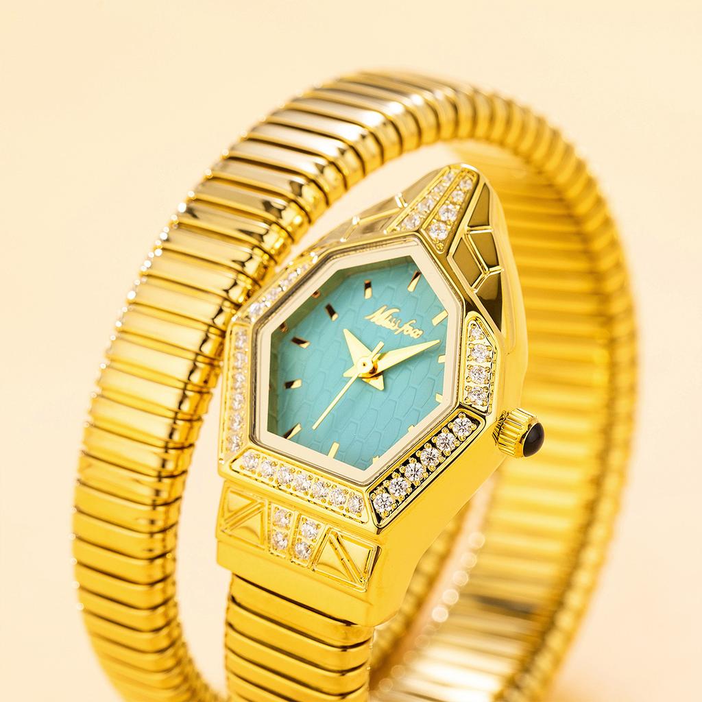 MISSFOX Classic Snake Shape Watch For Women Gold Silver Scaleable Bracelet Womens Watches Bling Diamonds Quartz Ladies Wristwatch