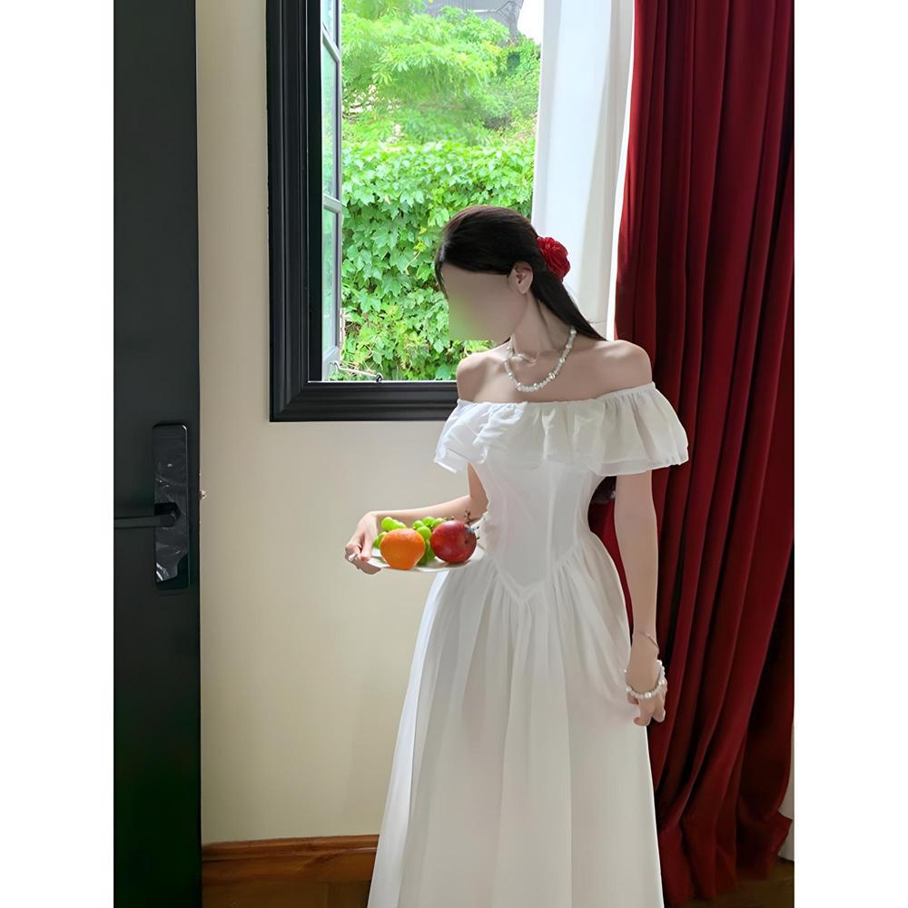 One-word Collar Waist Small Fresh Long Skirt Dress Women's Summer New Thin Cover Meat