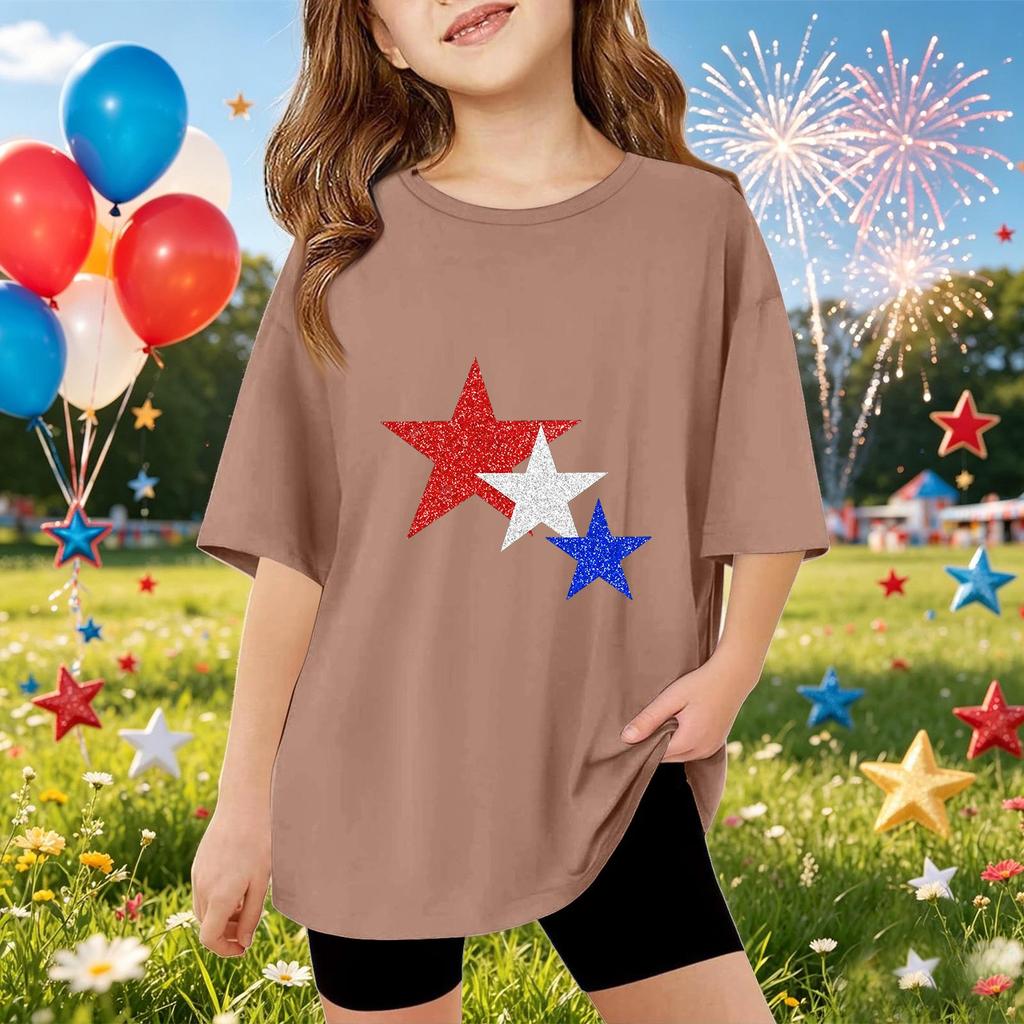 Kinder Kurzarm-T-Shirt mit Sternenprint Unabhängigkeitstag Oberteil Lässiges Rundhals-T-Shirt für Jungen und Mädchen Sommerkleidung