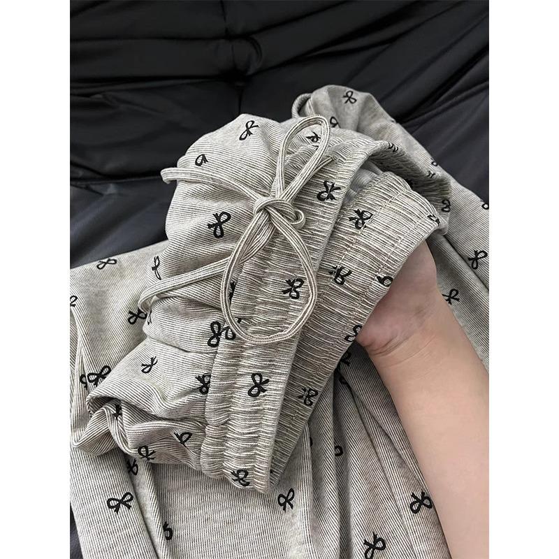 Petite Korean Bow Wide Leg Printed Pants - Slimming Drape Design for Spring/Autumn