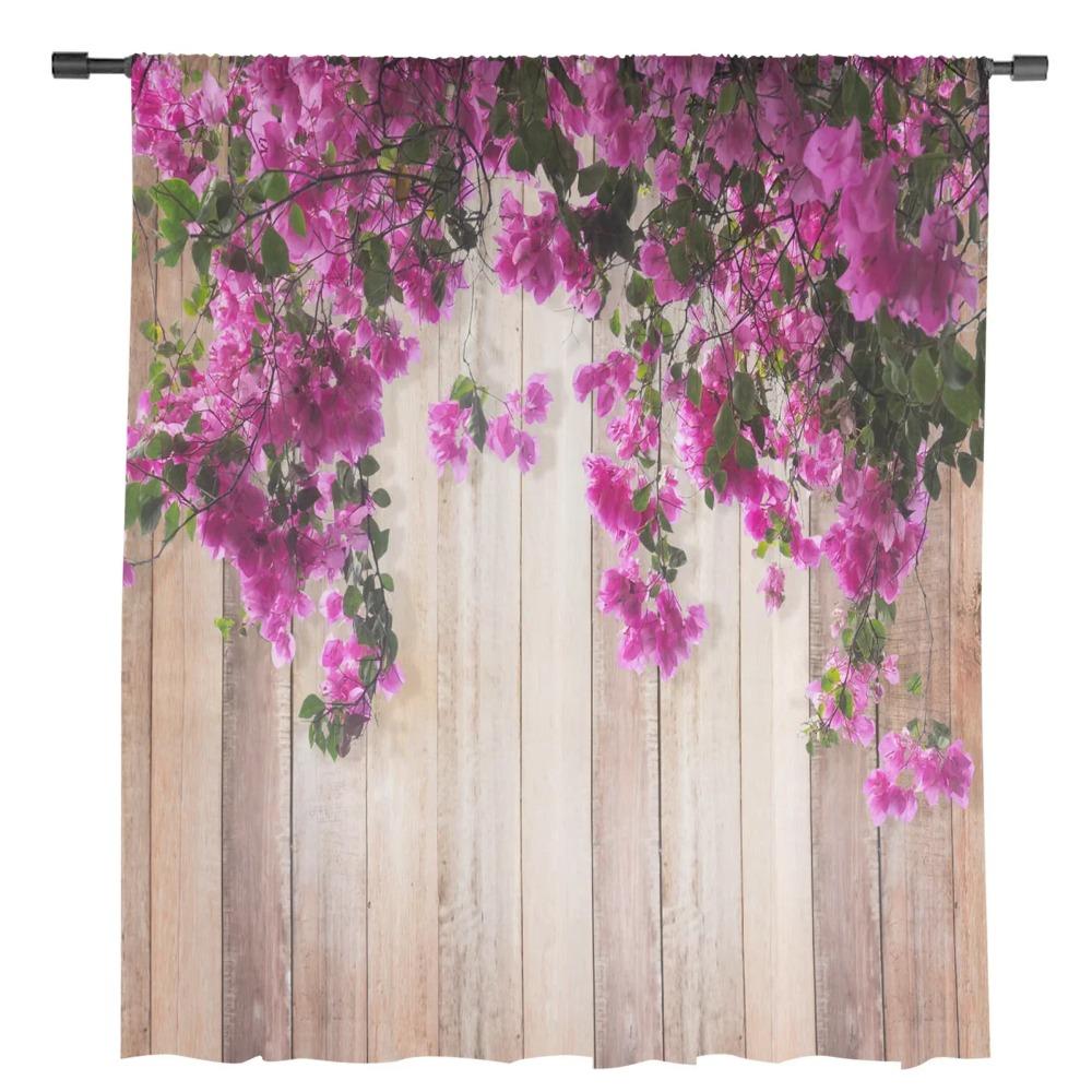 Red Flowers Planks Leaves Plant Chiffon Sheer Drapes for Living Room Bedroom Decoration Window S Curtain Panels Curtain
