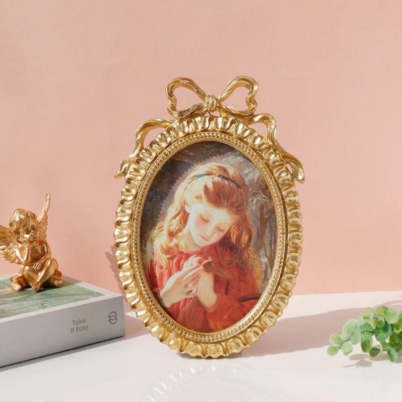 Handcrafted Antique Gold Carving Oval Bowknot Picture Frame With Hanging Hook And Stand For Wall Or Desktop Decoration