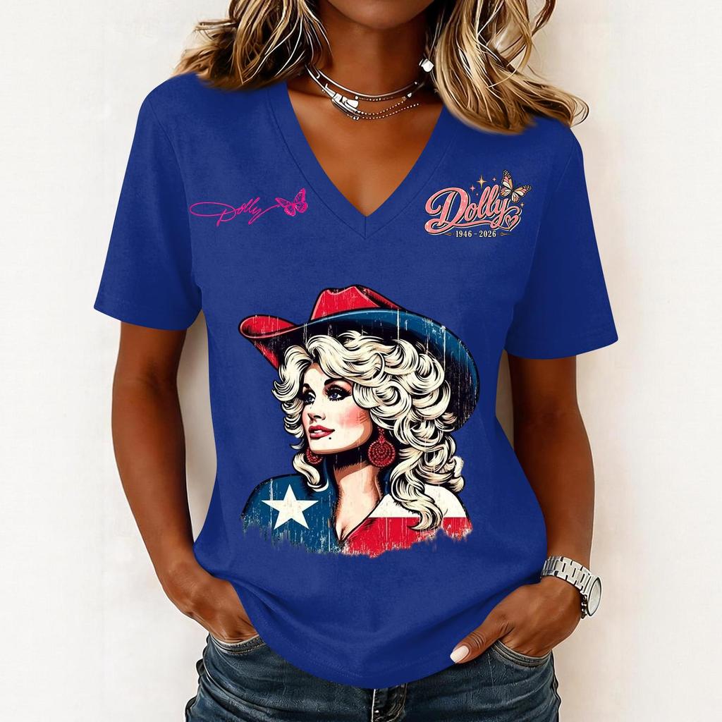 Women's Trendy Casual V-Neck Short Sleeve Letter Print Pullover Top for Everyday Wear
