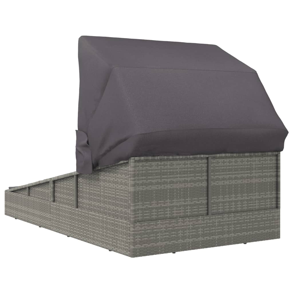 Folding Sun Lounger with Canopy Gray 200 x 114 x 128 cm Poly Rattan