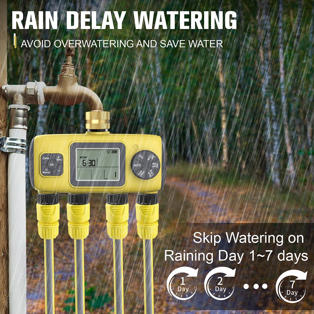 Digital Water Timer 4-Outlet Garden Irrigation Timer Rainwater Sensing Irrigation Watering System Precision Timing Controller