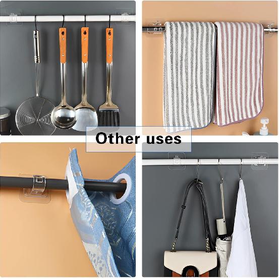 8PCS Curtain Rods No Drilling,No Drill Curtain Rod Brackets Hooks Nail Free Adjustable,Stick On Curtain Rod Transparent Hook Holders for Home