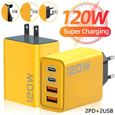 120W Fast Charging 4 Ports Mobile Phone Charger QC3.0 USB Type C Chargers Dual PD Wall Adapter EU/US/UK Plug for IPhone15 Xiaomi