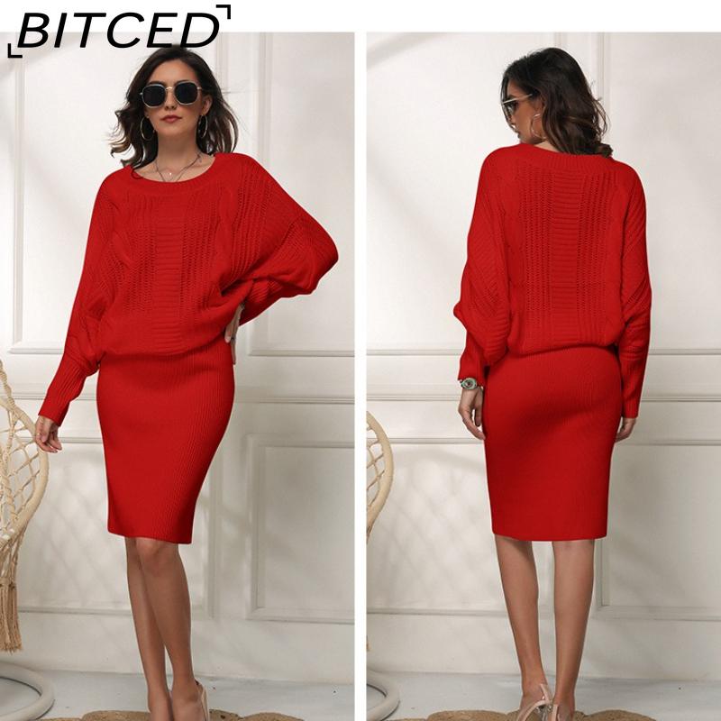 BITCED Autumn/Winter Plus Size Women's Loose Batwing Sleeve Knitted Long Pullover Dress