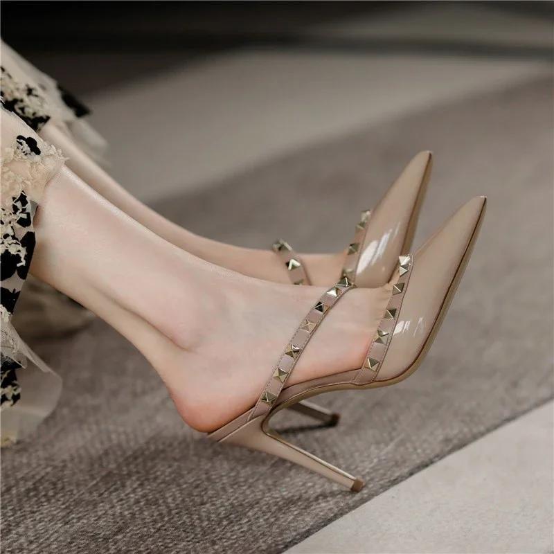 Fashion 2025New Women Summer High Heels Mules Slippers  Pointed To Sexy Rivets Outside Shoes  Fashion Sandals Zapatos Mujer