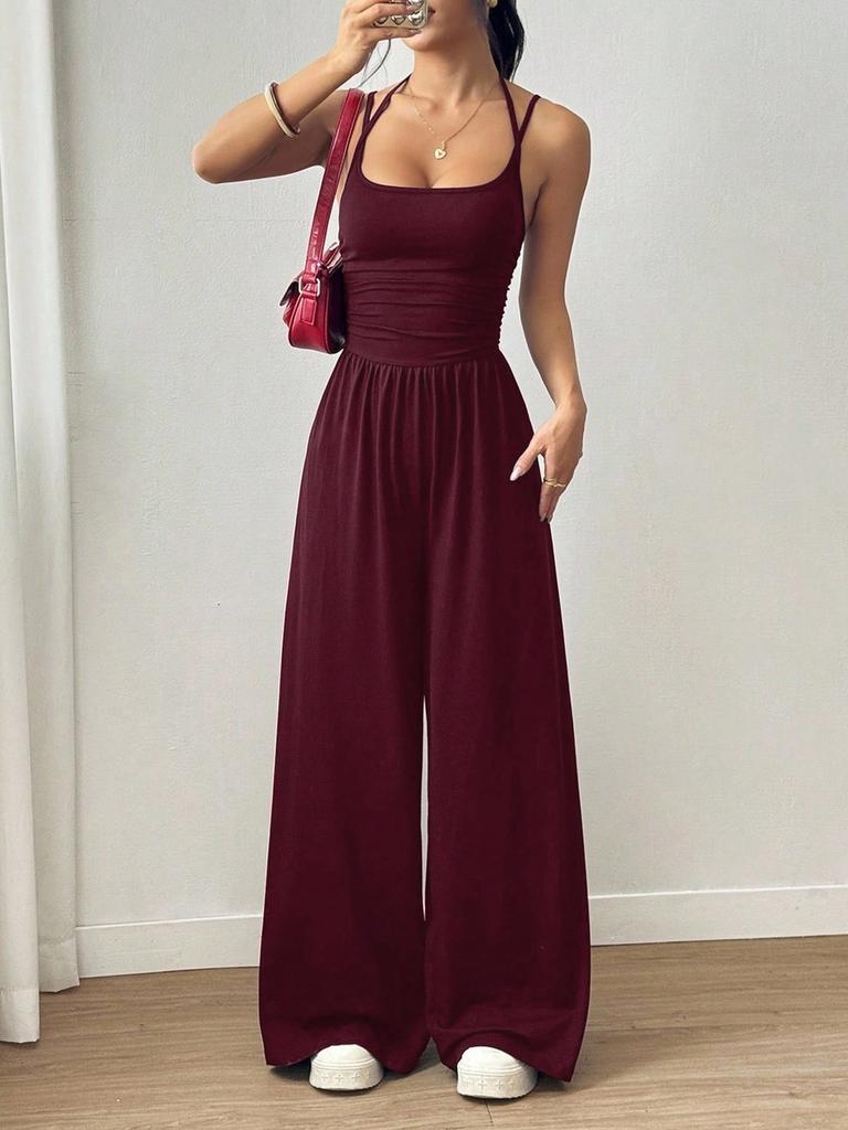 Combinaison d'été à bretelles pour femme, style wrap décontracté, body, jambe large, coupe ample