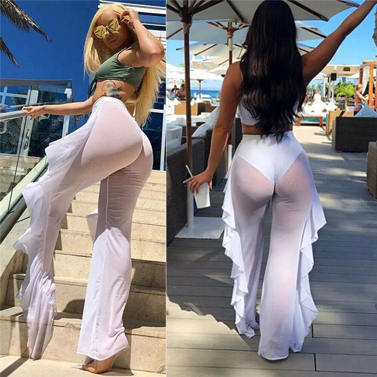 Rüschen Einfarbig Lässige Sexy Mesh-Hose Durchsichtige Strandurlaubshose für Damen