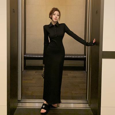 New Black French Shirt Dress Women's Autumn Long-sleeved Waist Slim-fitting Long Dress