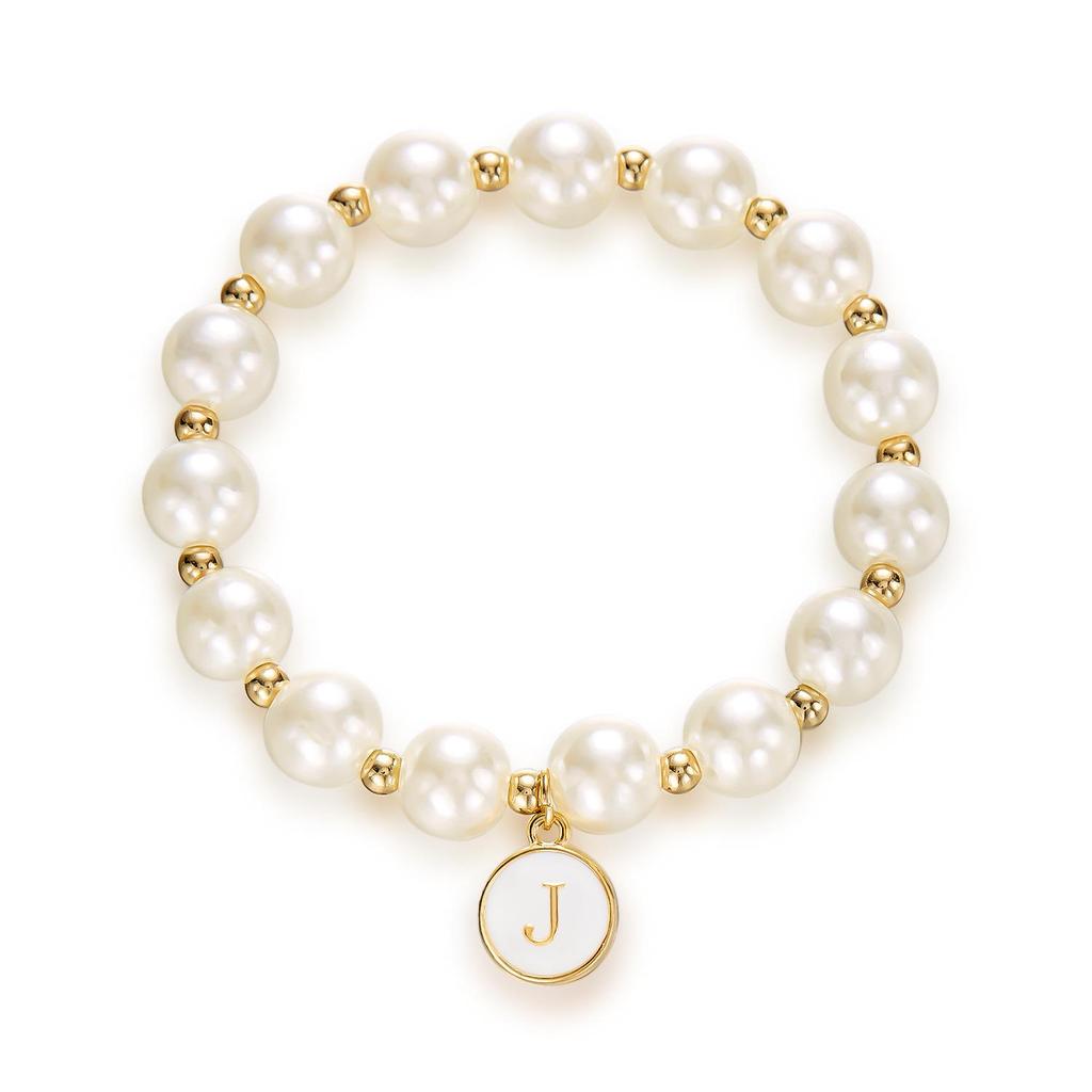 Elegant Women's Alphabet Pearl Bracelet with Enamel Initial Charm