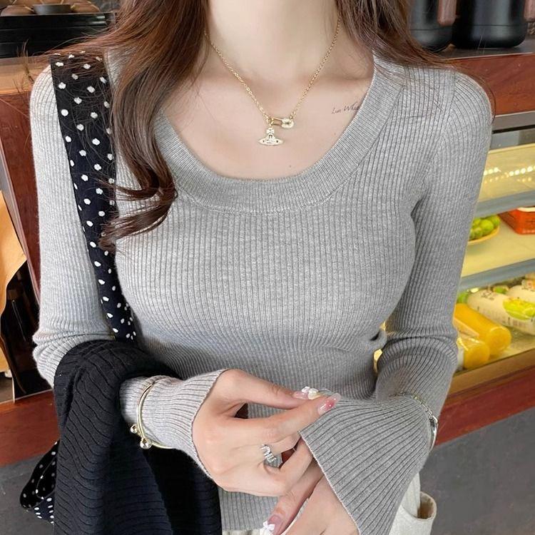 Korean Style Slim Fit U-Neck Long Sleeve Knitted Top for Women - Early Autumn 2024 Fashion Versatile Base Shirt
