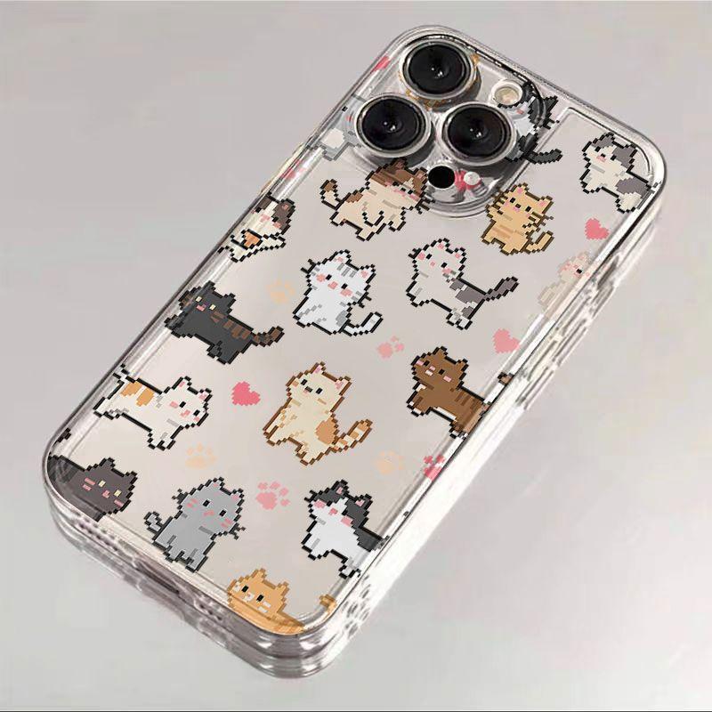 Transparent Shockproof Phone Case for IPhone 17 16 15 14 13 12 11 Pro Max IPhone 16 15 14 Plus Adorable Pixelated Kittens