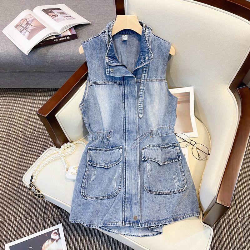 Plus Size Women Vest Sleeveless Waist Tie Fashion Slimming Long Retro Denim Jacket Casual Design