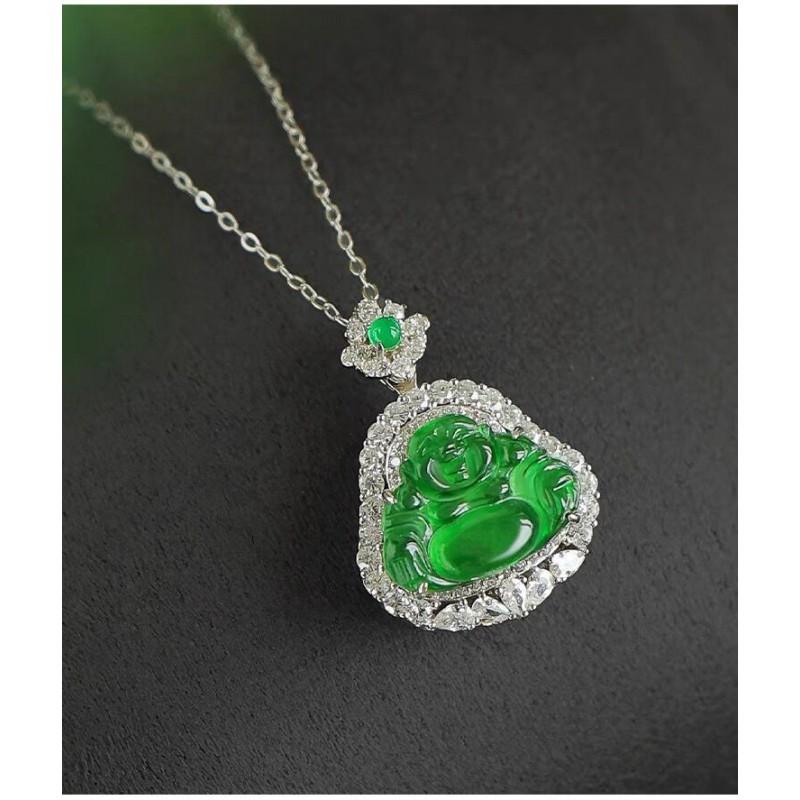 Natural Guatemalan Jade Carved Maitreya Buddha Pendant Necklace With Sterling Setting