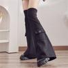 Punk Ribbed Cuffs Denims Leg Warmers with Rhinestones Pocket Harajuku Leg Cover Flared Over Knee Stockings Streetwear