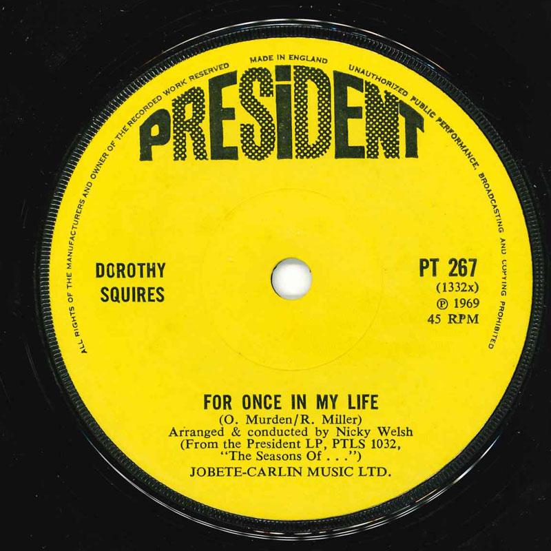 

7-дюймовая пластинка DOROTHY SQUIRES - For Once In My Life PT267 President Recor 1968 UK Поп Б/У