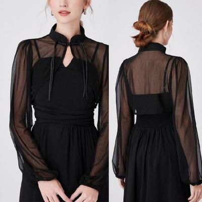 Langarm Schalkragen für Damen Atmungsaktiver Tüll für Camisole Kleid