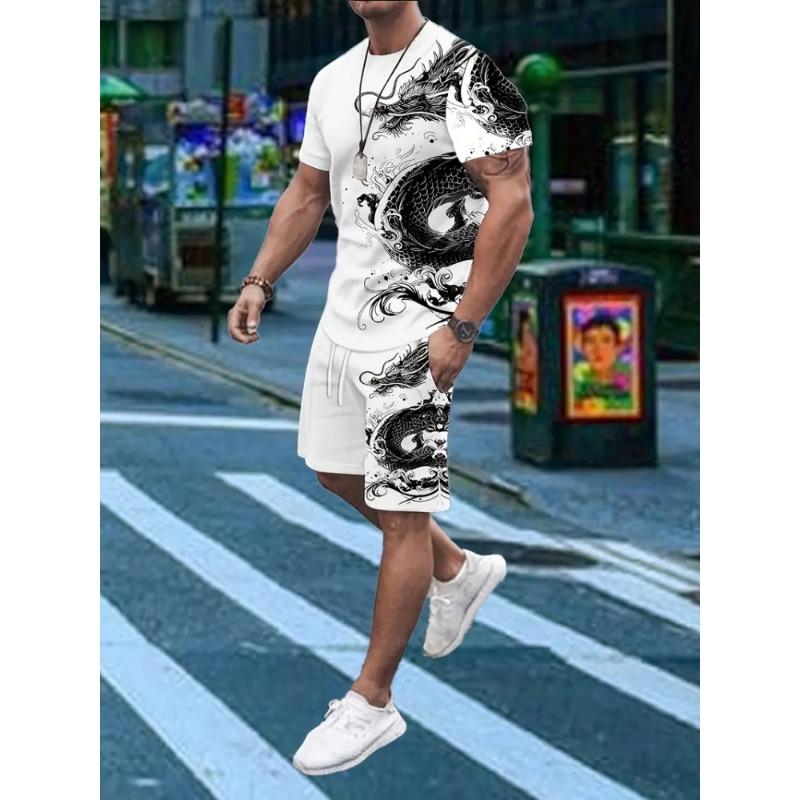 3D Wolf Print Blue Base Summer Men Short Sleeve Suit Short Sleeve Shorts 2 Pieces Casual Fashion Street Clothing