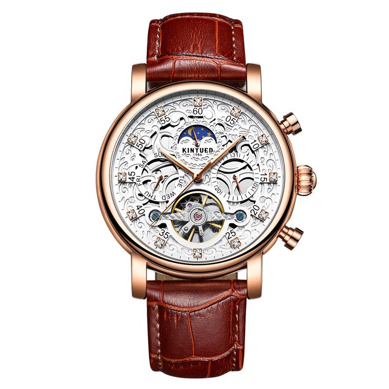 Luxury Skeleton Automatic Watch Moon Phase Week Display Multifunction Leather Wristwatch for Men