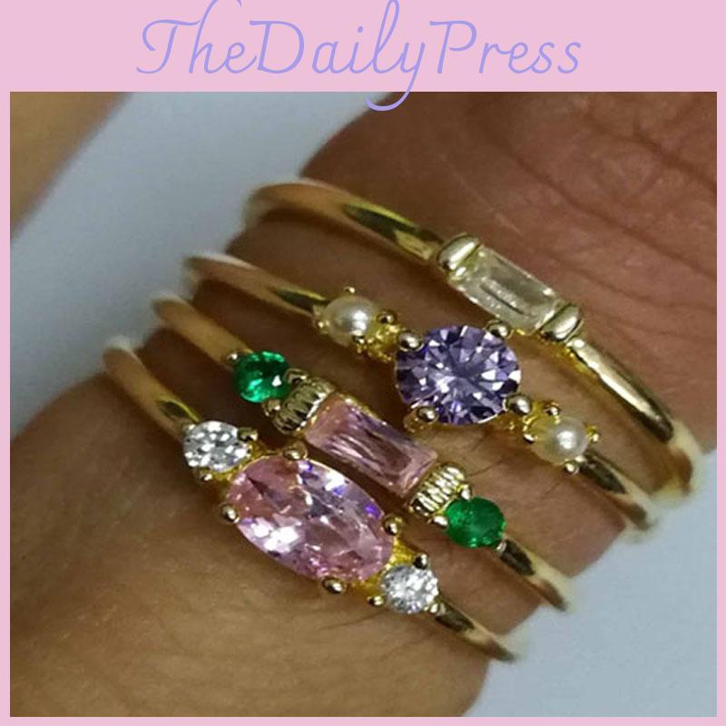 Beautifully Crafted 4 In 1 Set Of Womens Gold Plated Zircon Gemstone Rings