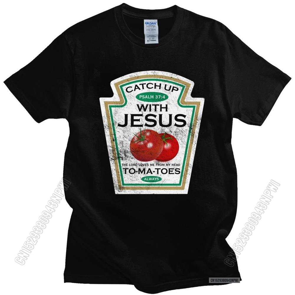Lustiges Catch Up With Jesus T-Shirt Herren Vintage Vegan Tomaten T-Shirt Christliches Geschenk Veganismus O-Ausschnitt Baumwoll-T-Shirt Merchandise