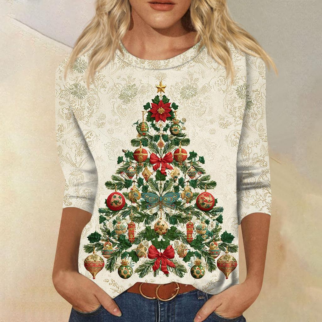 Women's Fashion Casual Round Neck 3/4 Sleeve Loose  Printed T-Shirt Ladies Top