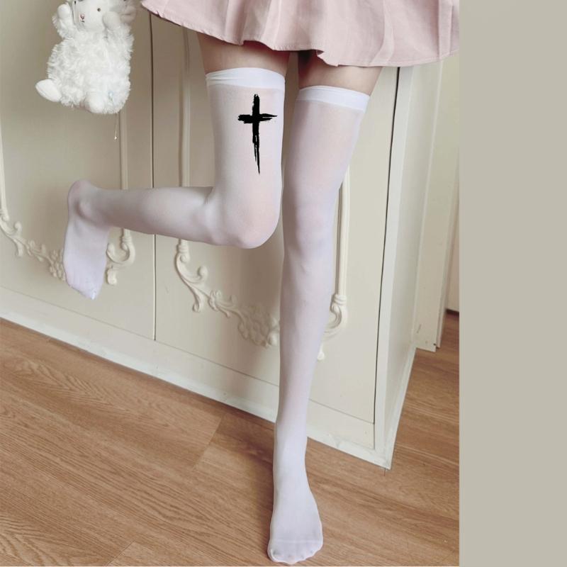 Anime JK Mädchen Kreuz Print Strümpfe Damen Seiden Leggings Strumpfhosen Socken Cosplay Kostüm Über Knie Oberschenkel Hoch Lange Socken