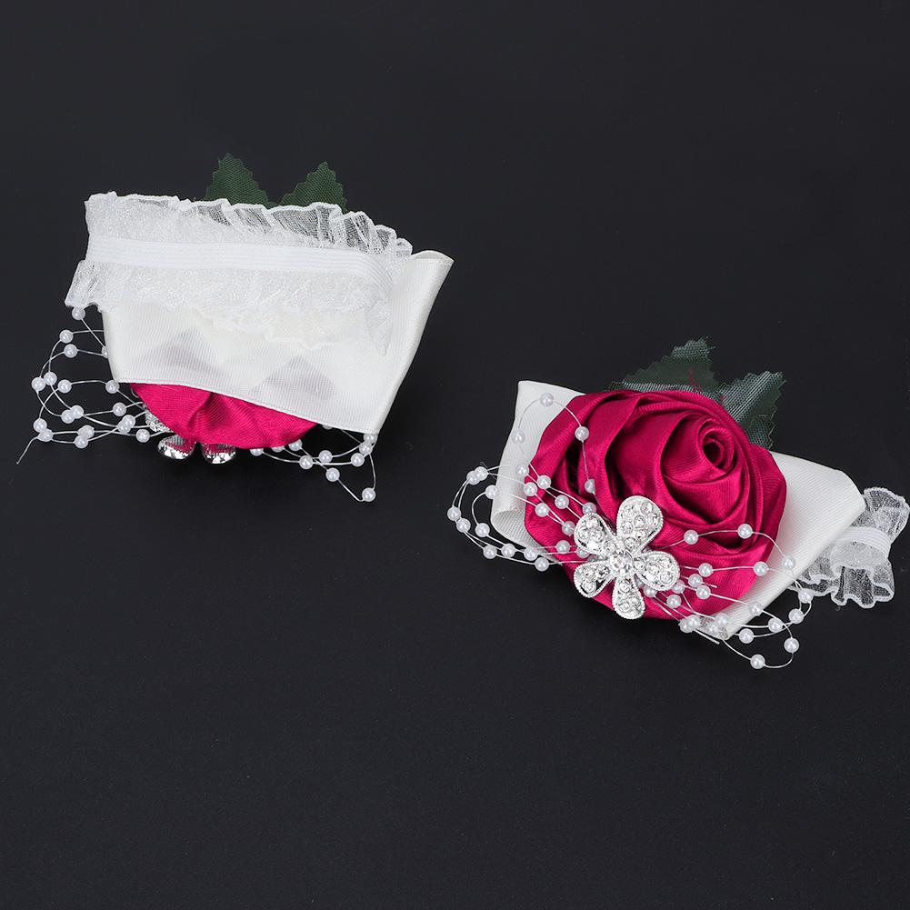 2pcs Hand Flower Bridesmaid Wrist Corsage Wedding Decorations Diamond Rose(Rose Red)