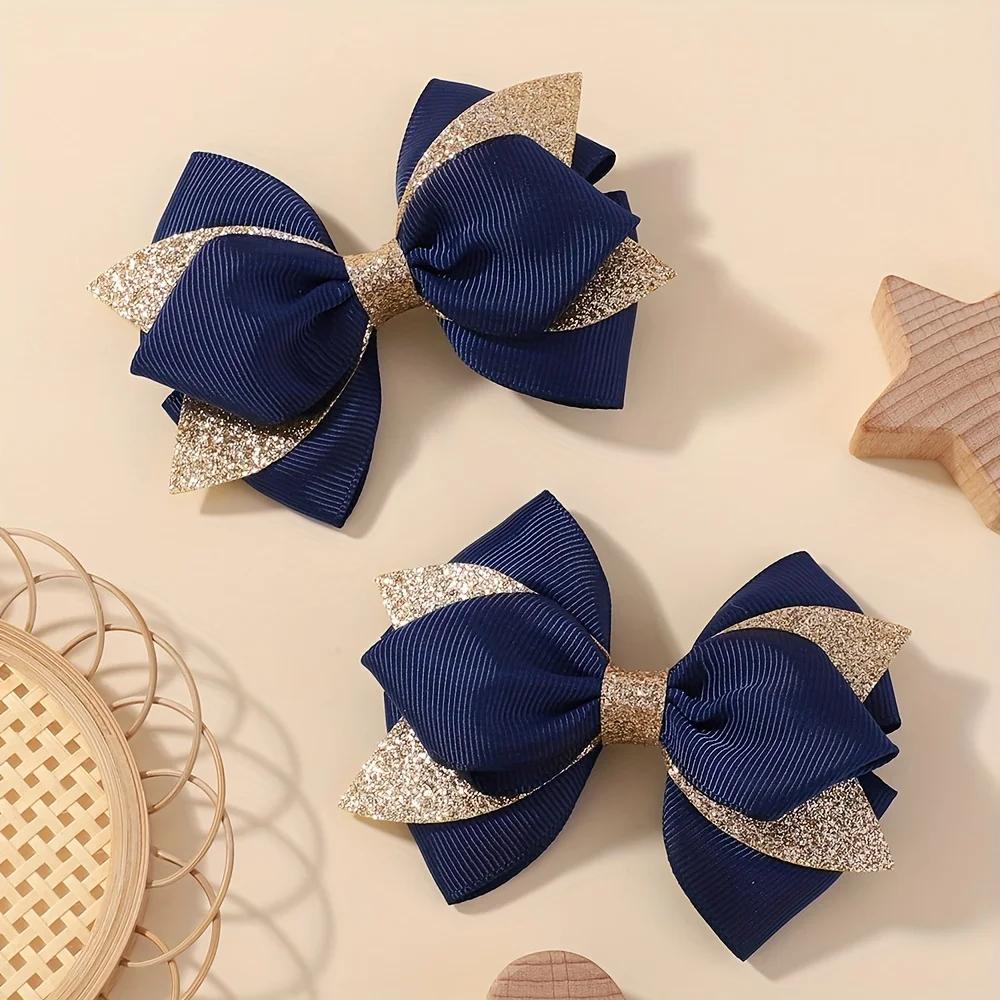 2Pcs Double Layer Glitter Bow Hair Clips for Girls Cute Grosgrain Ribbon Hair Accessories Children's Hairpins Bowknot Headwear