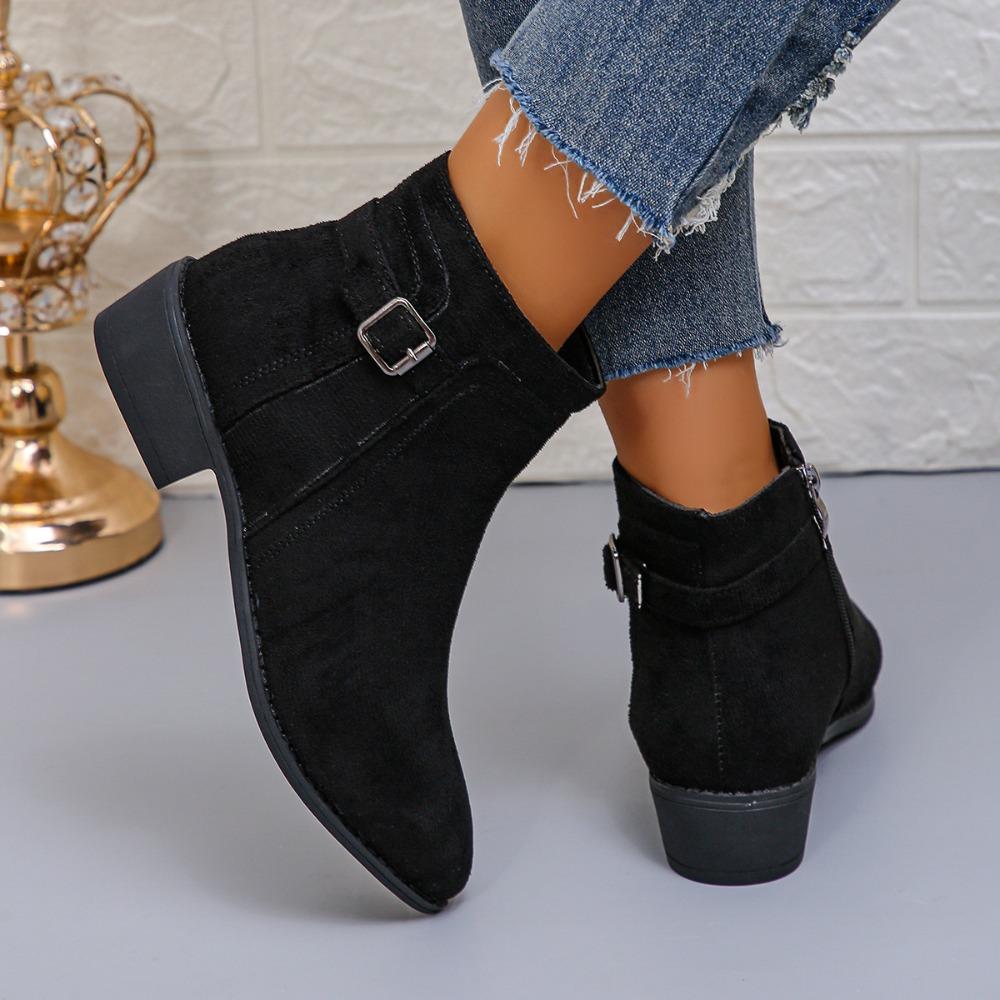 Ankle Boots for Women 2025 Winter New Large Size Short Boots British Style Thick Heel Suede Buckle Side Zipper Women's Boots